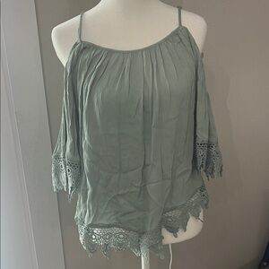 Elegant Lace Trim off the Shoulder Blouse in Sage Green